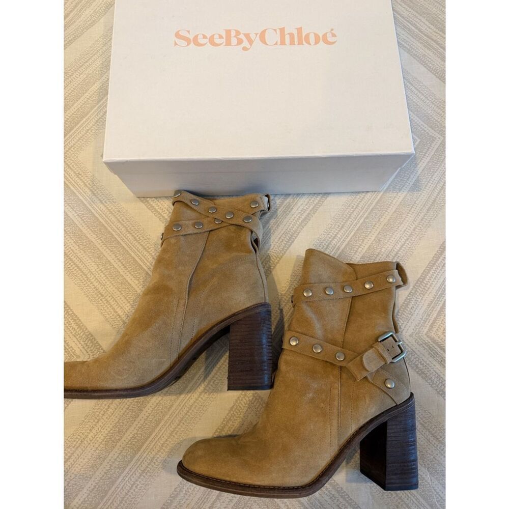 See by Chloé Tan Suede Ankle Booties Size 38 Studded Strap Heel Box Dust Bag